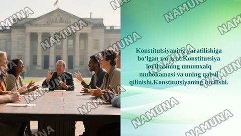 Konstitutsiyaning yaratilishiga boʻlgan zarurat.Konstitutsiya loyihasining umumxalq muhokamasi va uning qabul qilinishi.Konstitutsiyaning tuzilishi. — taqdimot