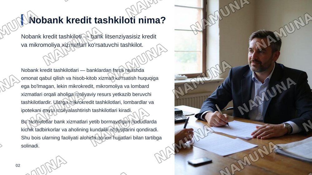 Nobank kredit tashkilotlari faoliyatini tartibga soluvchi qonun hujjatlari qaysilar? — zamonaviy taqdimot, 3-slayd
