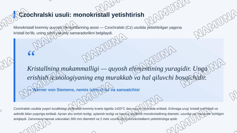 Monokristall kremniy asosidagi quyosh elementlarini tayyorlash elementlari — zamonaviy taqdimot, 7-slayd