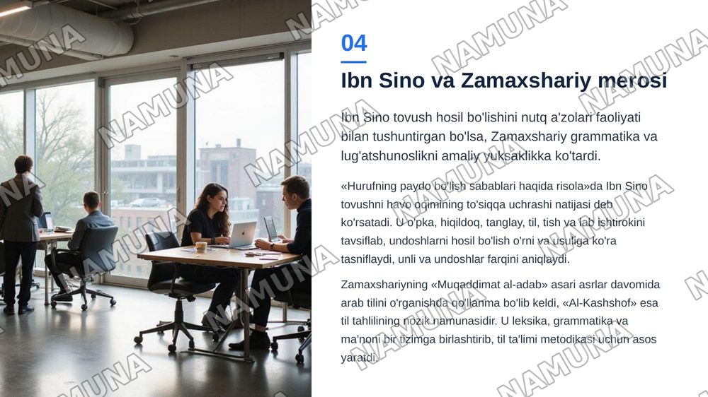 A.N.Forobiy, A.R.Beruniy,IBn Sino, M.Zamaxshariylarning tilshunoslikka qoshgan hissalari. — zamonaviy taqdimot, 5-slayd