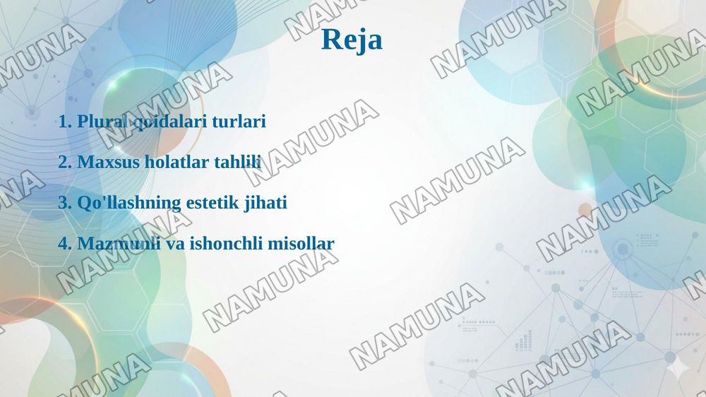 Der 3. Typ der Pluralbildung - Koʻplik yasalishining uchinchi turi
Der 4. Typ der Pluralbildung - Koʻplik yasalishining toʻrtinchi turi
Die besondere Falle der Pluralbildung - Koʻplik yasalishining maxsus hollari — taqdimot, 2-slayd