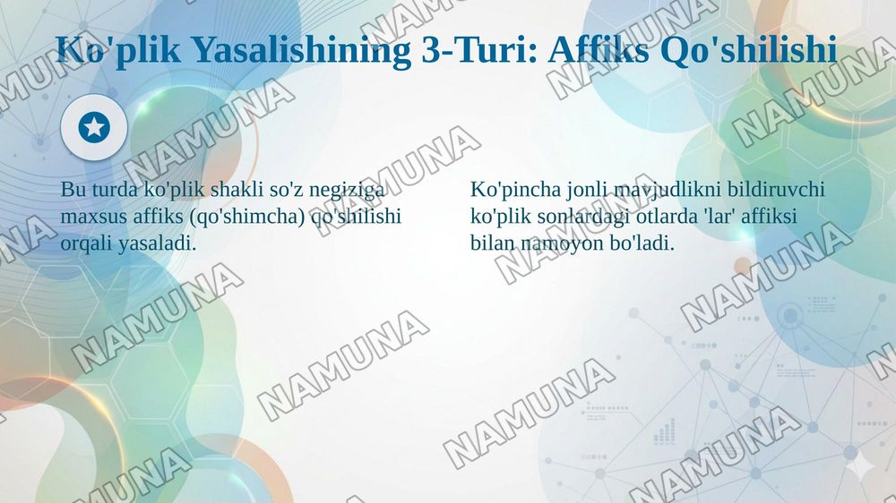 Der 3. Typ der Pluralbildung - Koʻplik yasalishining uchinchi turi
Der 4. Typ der Pluralbildung - Koʻplik yasalishining toʻrtinchi turi
Die besondere Falle der Pluralbildung - Koʻplik yasalishining maxsus hollari — taqdimot, 4-slayd
