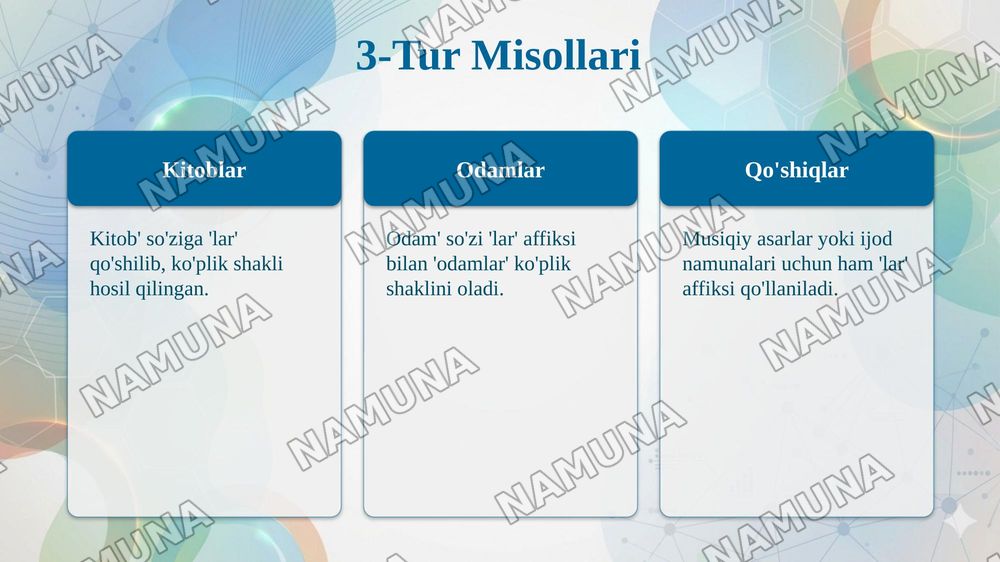 Der 3. Typ der Pluralbildung - Koʻplik yasalishining uchinchi turi
Der 4. Typ der Pluralbildung - Koʻplik yasalishining toʻrtinchi turi
Die besondere Falle der Pluralbildung - Koʻplik yasalishining maxsus hollari — taqdimot, 5-slayd