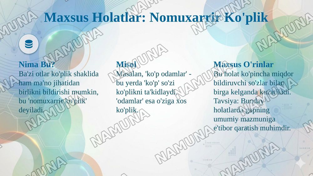 Der 3. Typ der Pluralbildung - Koʻplik yasalishining uchinchi turi
Der 4. Typ der Pluralbildung - Koʻplik yasalishining toʻrtinchi turi
Die besondere Falle der Pluralbildung - Koʻplik yasalishining maxsus hollari — taqdimot, 8-slayd