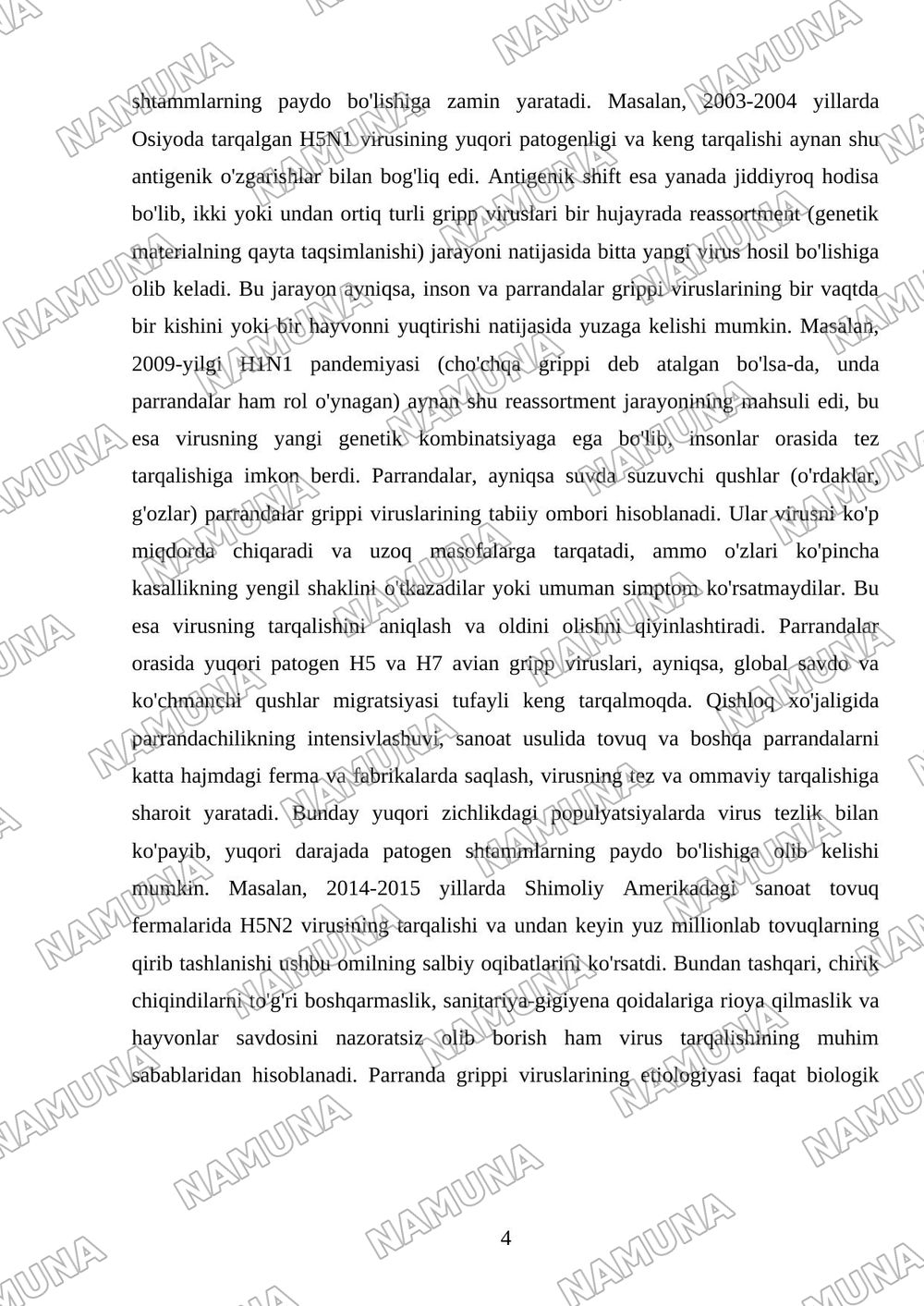 Insonlarda kuzatiladigan parranda grippi. Etiologiya, epidemiologiya, klinikasi, diagnostika, davolash. — mustaqil ish, 4-varaq