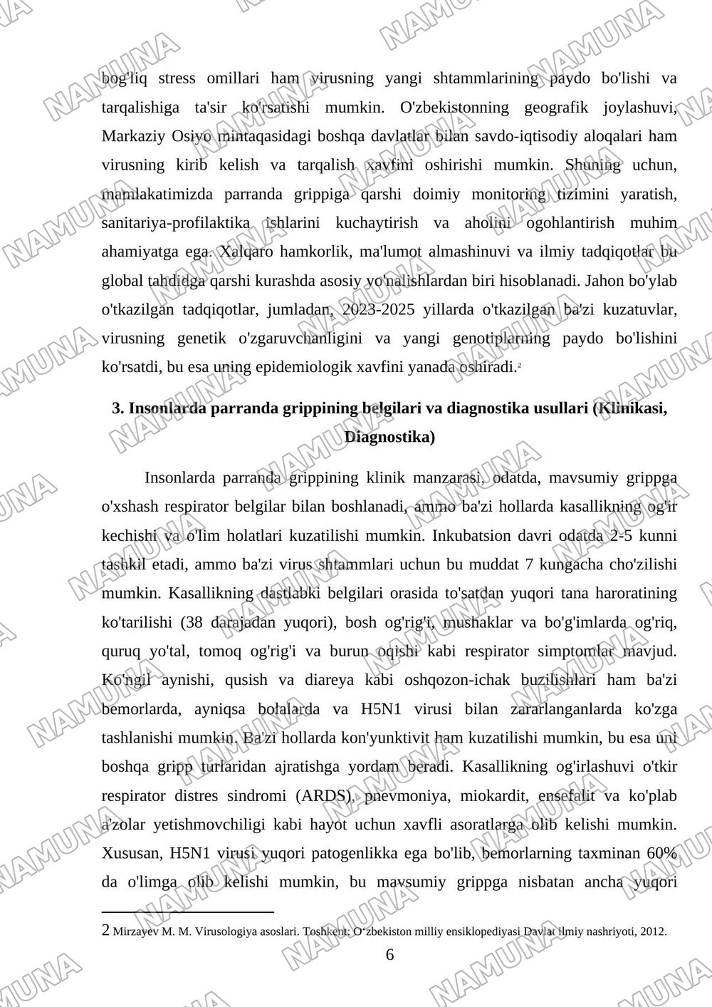 Insonlarda kuzatiladigan parranda grippi. Etiologiya, epidemiologiya, klinikasi, diagnostika, davolash. — mustaqil ish, 6-varaq