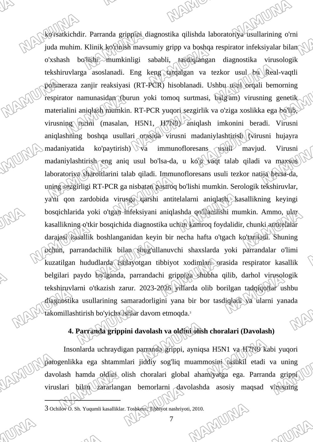 Insonlarda kuzatiladigan parranda grippi. Etiologiya, epidemiologiya, klinikasi, diagnostika, davolash. — mustaqil ish, 7-varaq