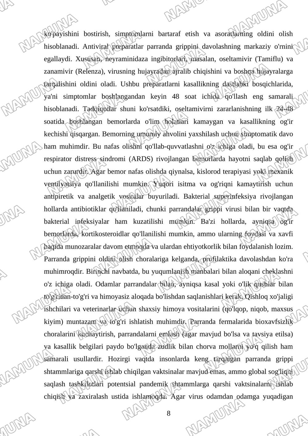 Insonlarda kuzatiladigan parranda grippi. Etiologiya, epidemiologiya, klinikasi, diagnostika, davolash. — mustaqil ish, 8-varaq
