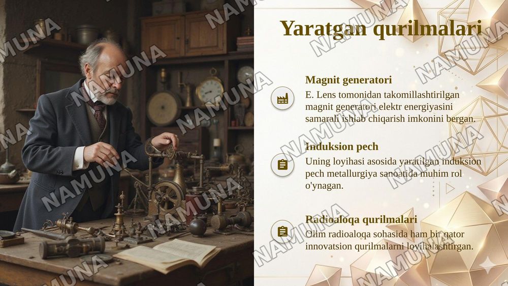 E. Lens olimning avtobiografiyasi va yaratgan qonunlari va qurilmalari — taqdimot, 7-slayd