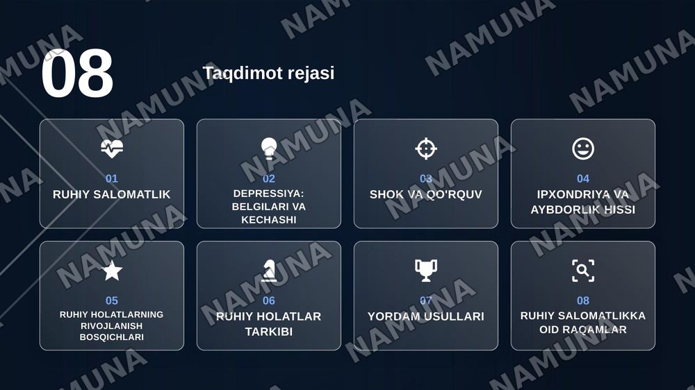 Bemorlarning ruhiy holati “Depressiya”, “shok”
Qo’rquv cho’chish ipxondriya,o’zini aybdor his qilish suyistidal fikrlash h.k — zamonaviy taqdimot, 2-slayd