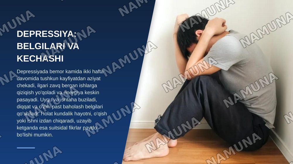 Bemorlarning ruhiy holati “Depressiya”, “shok”
Qo’rquv cho’chish ipxondriya,o’zini aybdor his qilish suyistidal fikrlash h.k — zamonaviy taqdimot, 4-slayd