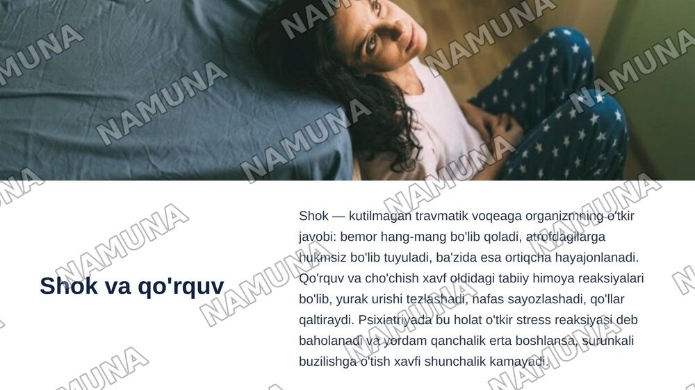 Bemorlarning ruhiy holati “Depressiya”, “shok”
Qo’rquv cho’chish ipxondriya,o’zini aybdor his qilish suyistidal fikrlash h.k — zamonaviy taqdimot, 5-slayd