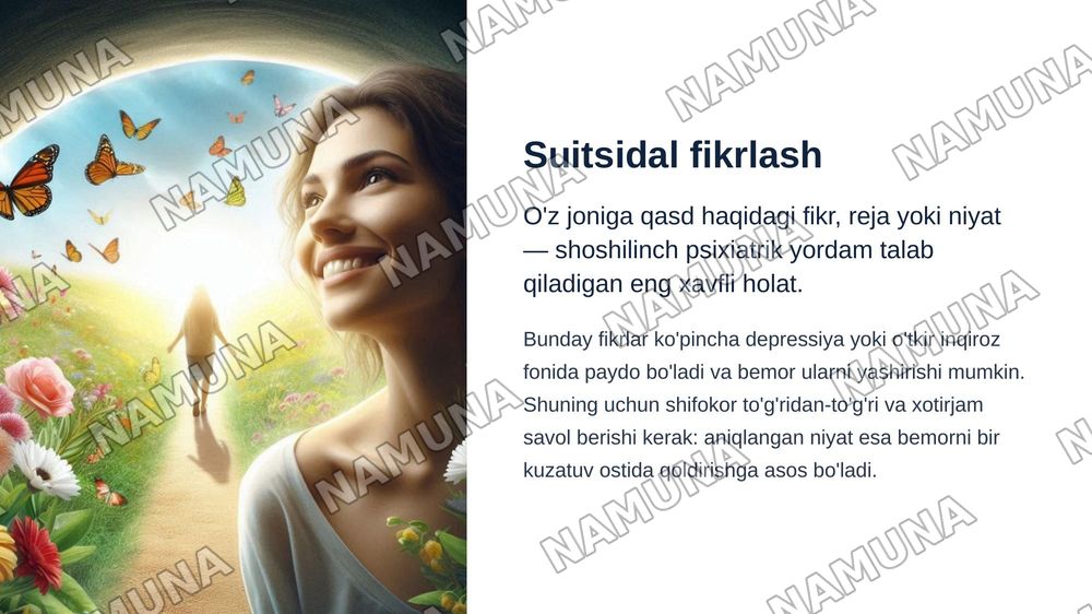 Bemorlarning ruhiy holati “Depressiya”, “shok”
Qo’rquv cho’chish ipxondriya,o’zini aybdor his qilish suyistidal fikrlash h.k — zamonaviy taqdimot, 7-slayd