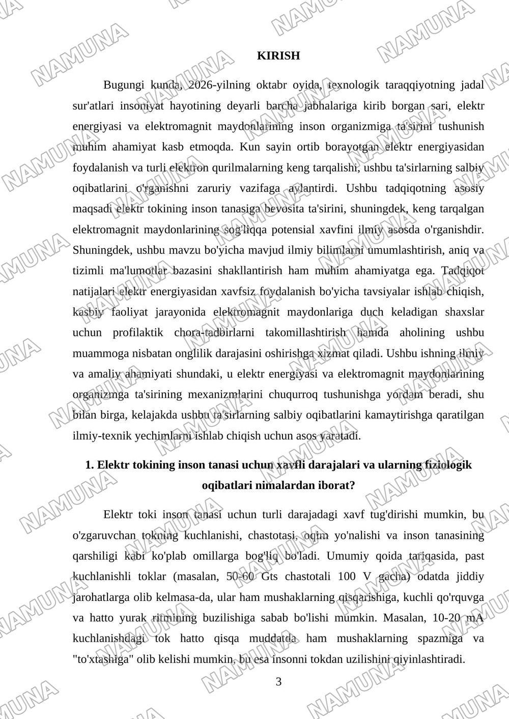 JASMINA- Elektr tokining organizmga ta'siri. Elektromagnit maydonining organizimga ta'siri. — mustaqil ish, 3-varaq