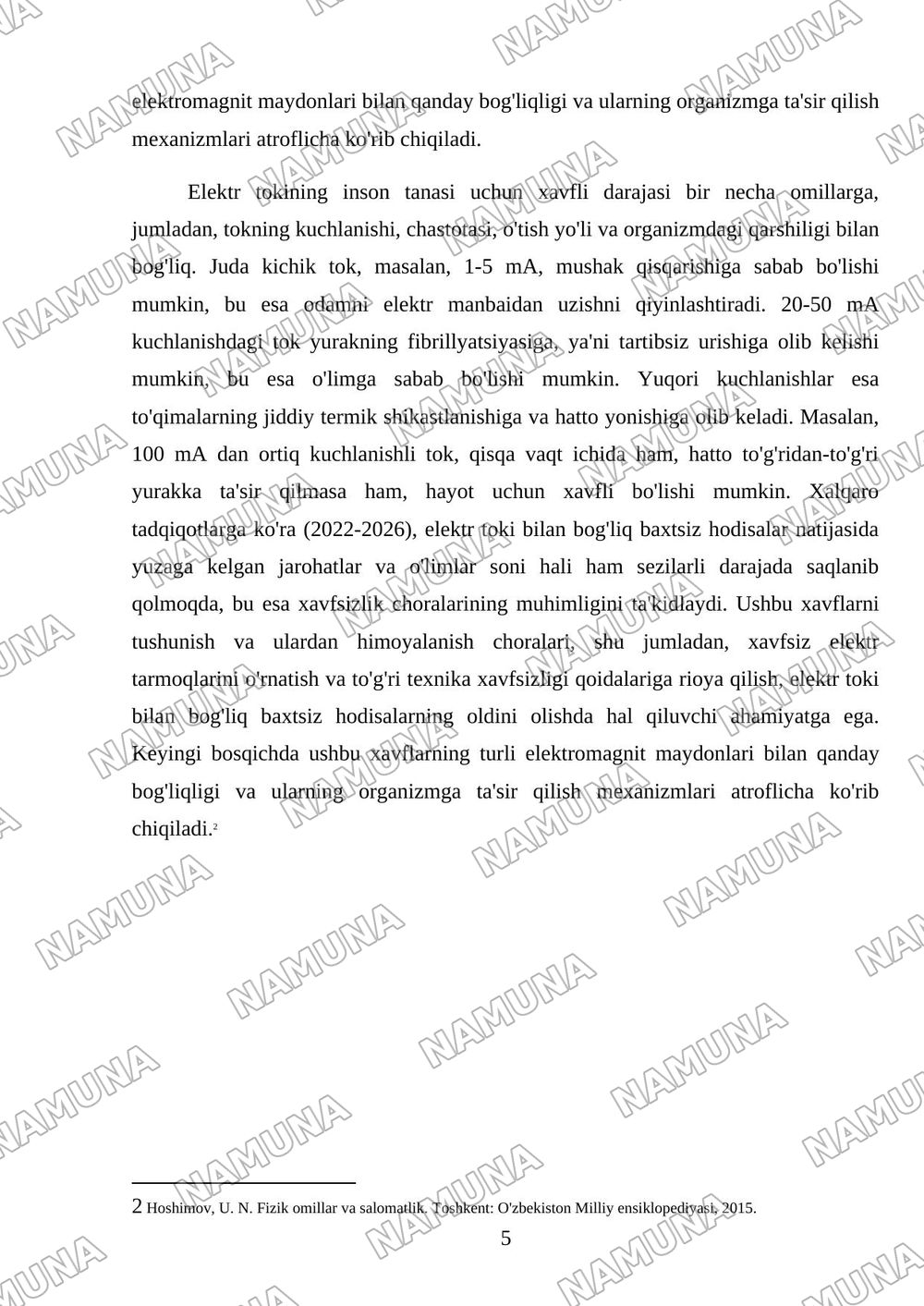 JASMINA- Elektr tokining organizmga ta'siri. Elektromagnit maydonining organizimga ta'siri. — mustaqil ish, 5-varaq