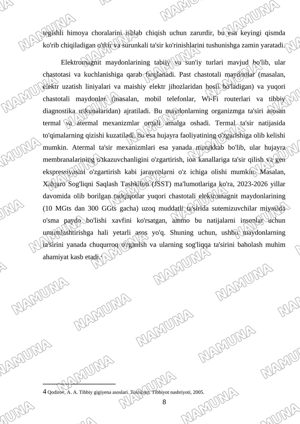 JASMINA- Elektr tokining organizmga ta'siri. Elektromagnit maydonining organizimga ta'siri. — mustaqil ish, 8-varaq