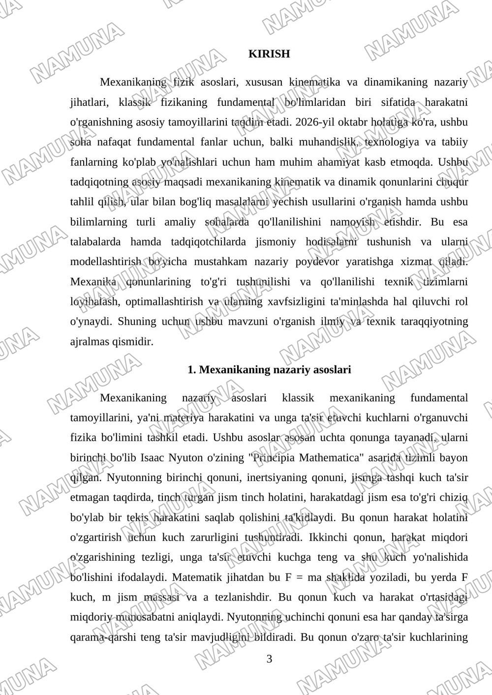 Mexanikaning fizik asoslari. Kinematika va dinamika Reja: 1. Mavzuning nazariy asoslari. 2. Mavzu doirasida masala va ularning yechimlari. 3. Mavzuning tadbiq qilish sohalari. — mustaqil ish, 3-varaq
