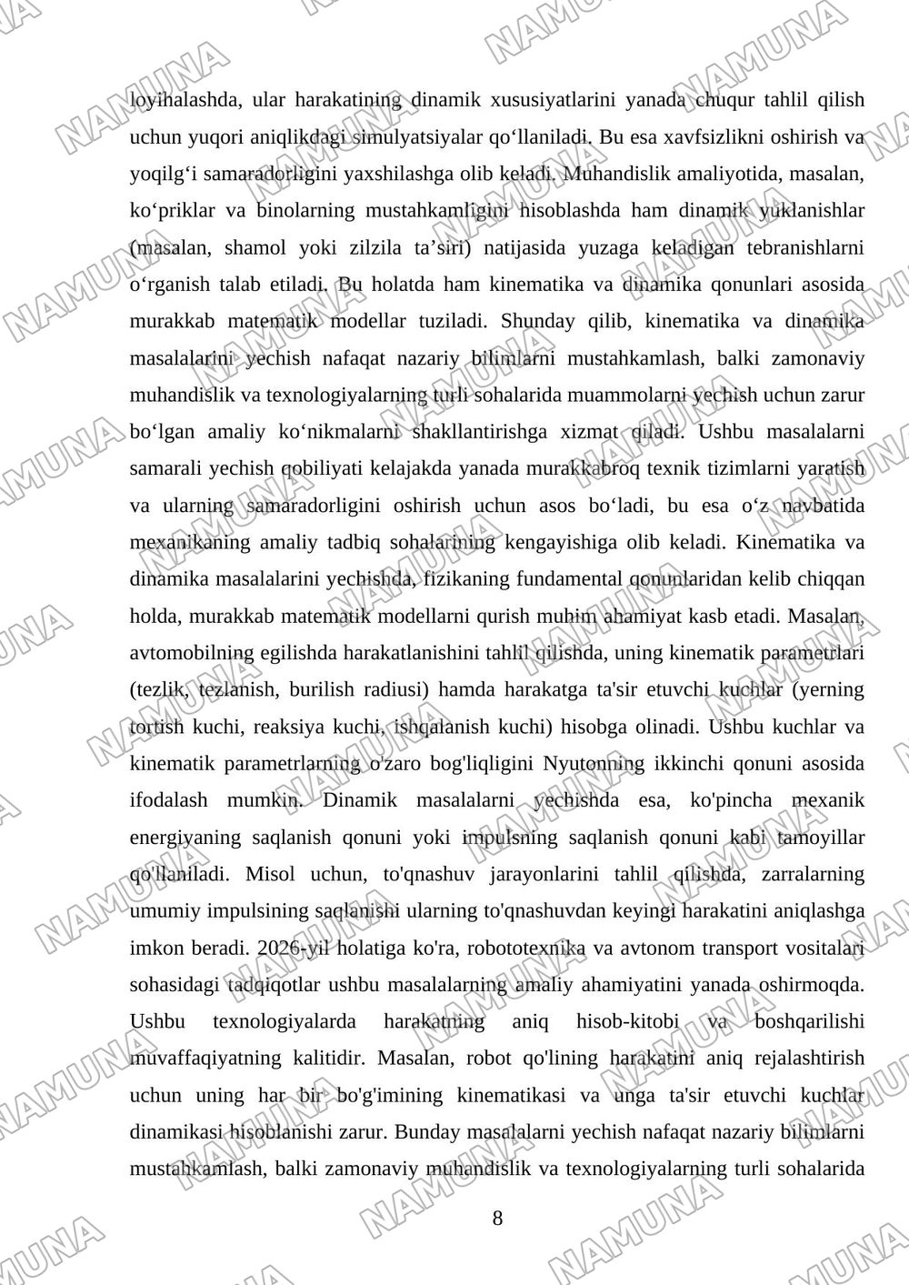 Mexanikaning fizik asoslari. Kinematika va dinamika Reja: 1. Mavzuning nazariy asoslari. 2. Mavzu doirasida masala va ularning yechimlari. 3. Mavzuning tadbiq qilish sohalari. — mustaqil ish, 8-varaq