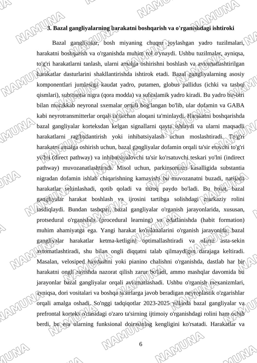 Bosh miya turli boʻlimlari faoliyatini oʻrganish — mustaqil ish, 6-varaq