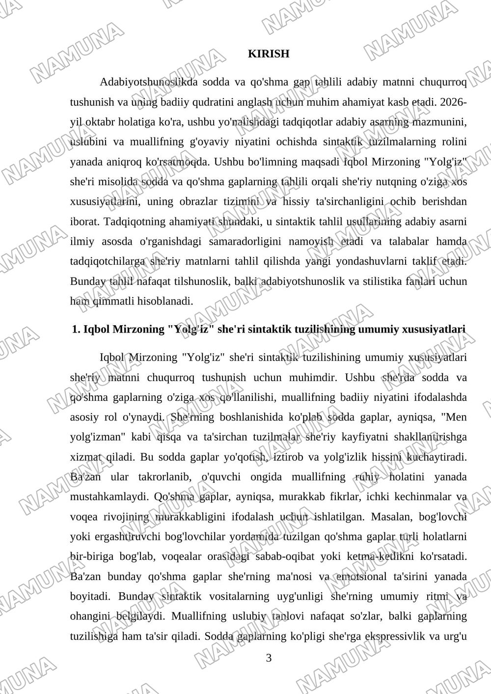 Sodda va qo'shma gaplar tahlili (Iqbol Mirzoning 'Yolg'iz' nomli she'ri tahlili) — mustaqil ish, 3-varaq