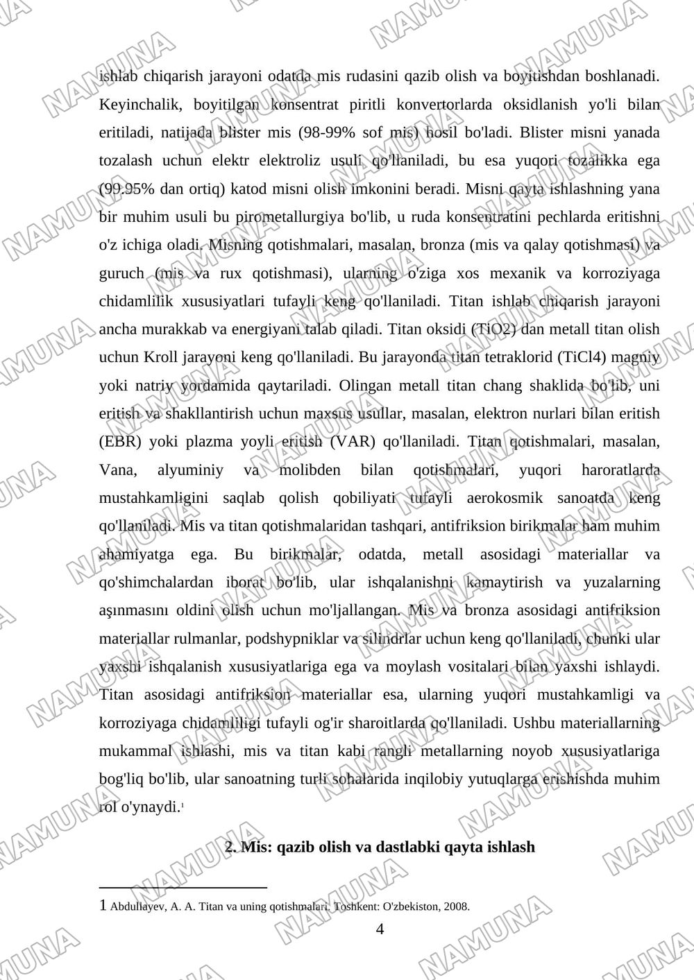 Rangli metallar ishlab chiqarish. Mis, titan ishlab chiqarish jarayonlari. Mis titan va antifriksion birikmalar — referat, 4-varaq