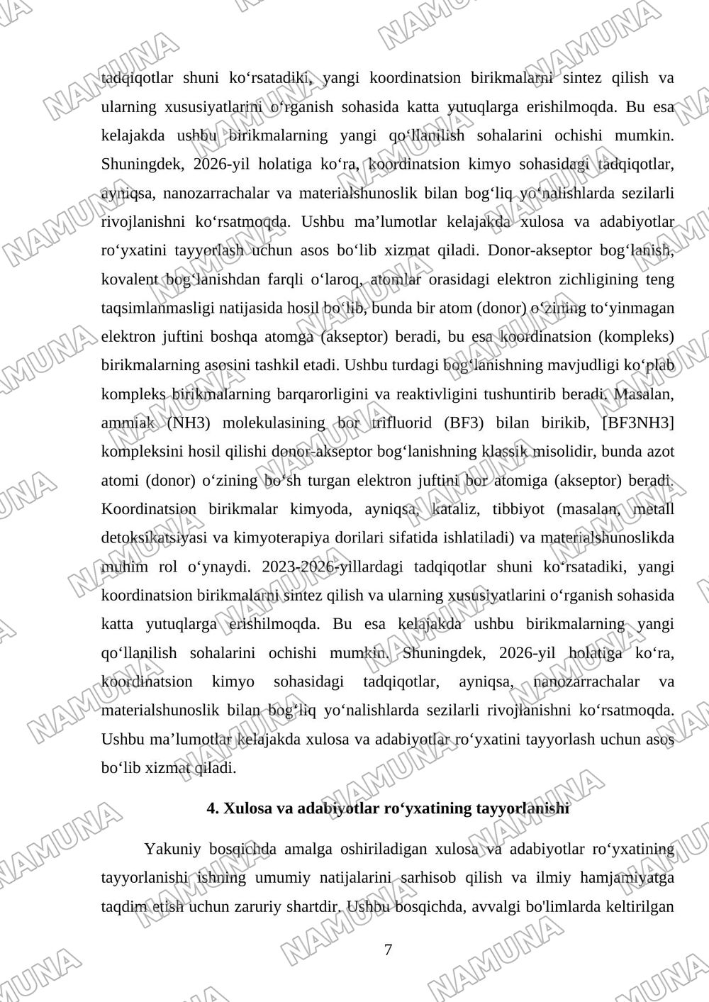 Kimyoviy bog‘lanishning asosiy tavsiflari. Donor-akseptor bog‘lanish. Koordinatsion (kompleks) birikmalar. — mustaqil ish, 7-varaq