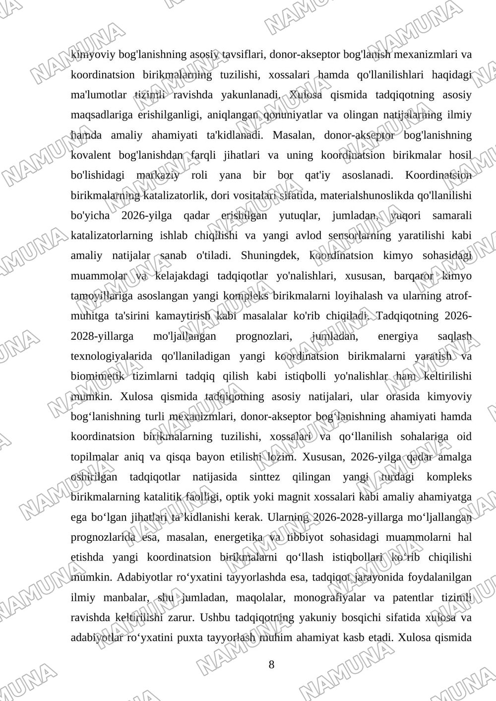 Kimyoviy bog‘lanishning asosiy tavsiflari. Donor-akseptor bog‘lanish. Koordinatsion (kompleks) birikmalar. — mustaqil ish, 8-varaq
