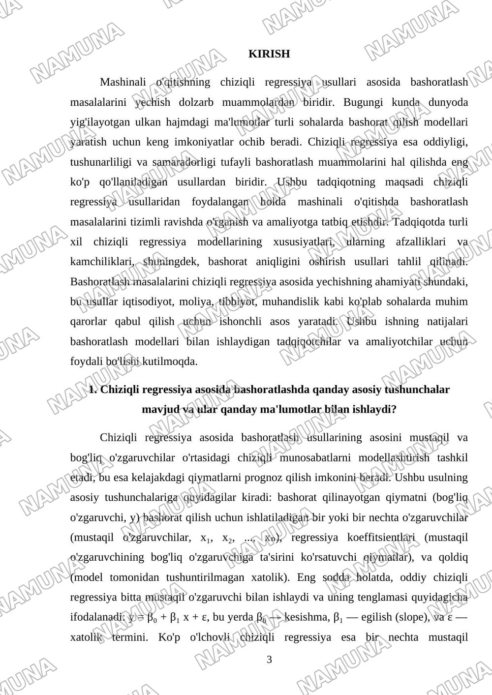 Mashinali o' qitishning chiziqli regressiya usullari asosida bashoratlash masalalarini yechish. — mustaqil ish, 3-varaq