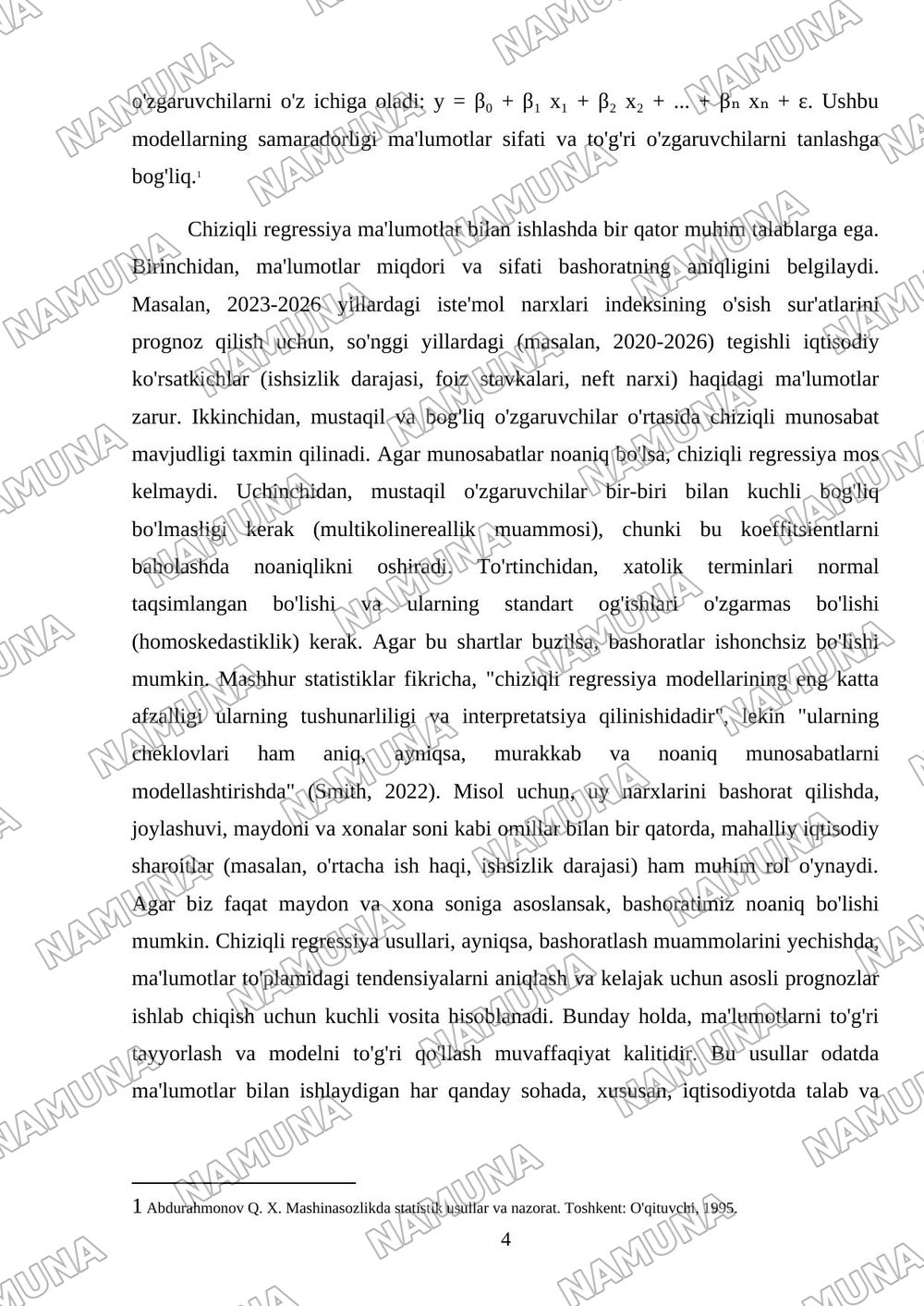 Mashinali o' qitishning chiziqli regressiya usullari asosida bashoratlash masalalarini yechish. — mustaqil ish, 4-varaq