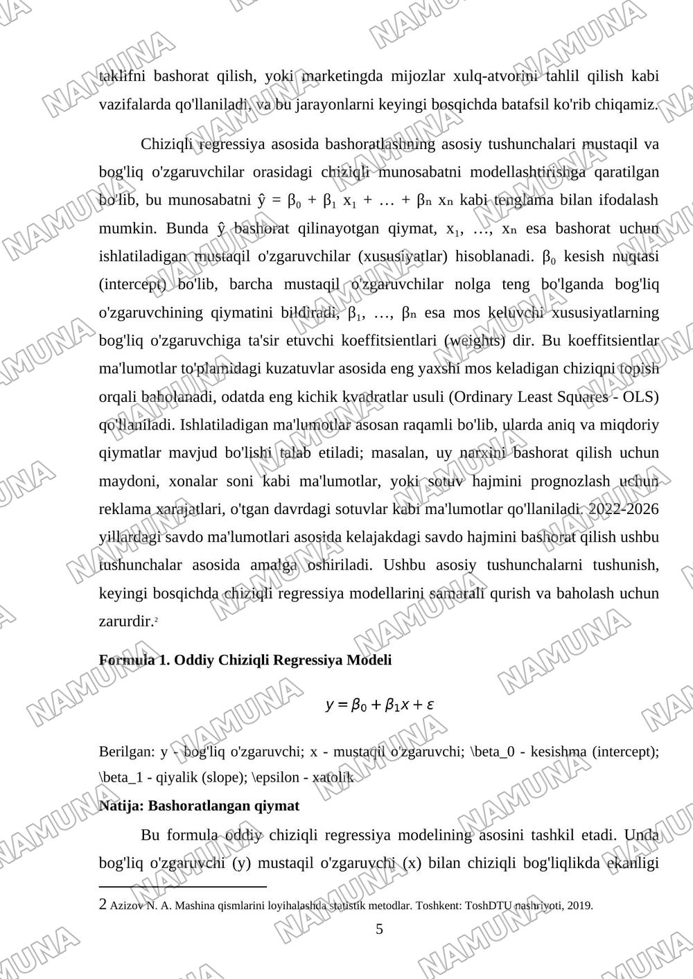 Mashinali o' qitishning chiziqli regressiya usullari asosida bashoratlash masalalarini yechish. — mustaqil ish, 5-varaq