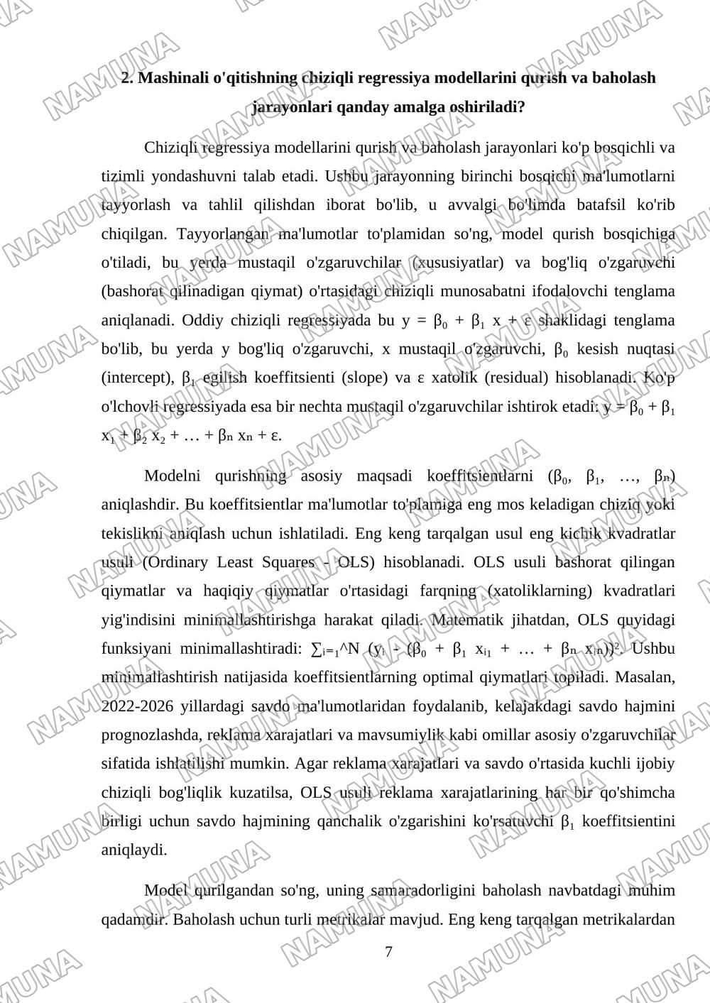 Mashinali o' qitishning chiziqli regressiya usullari asosida bashoratlash masalalarini yechish. — mustaqil ish, 7-varaq