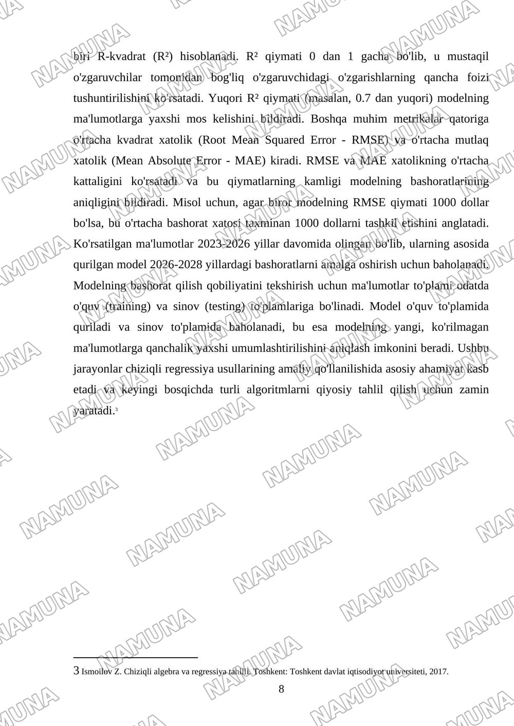 Mashinali o' qitishning chiziqli regressiya usullari asosida bashoratlash masalalarini yechish. — mustaqil ish, 8-varaq