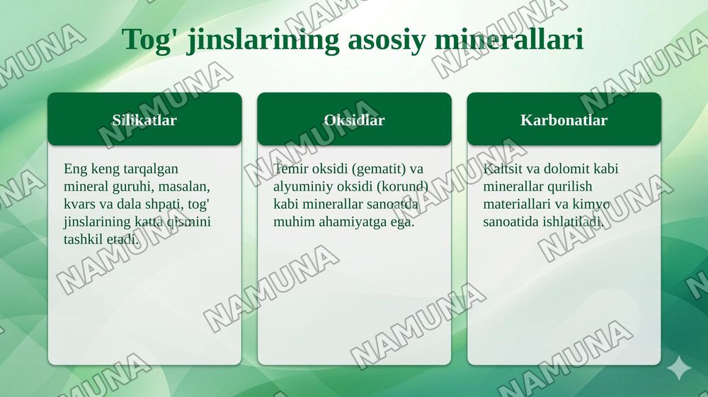 Tog‘ jinslari tarkibidagi minerallar, ularning geologik tuzilishi, kelib chiqish sharoitlari va qo‘llanilishi. — taqdimot, 4-slayd