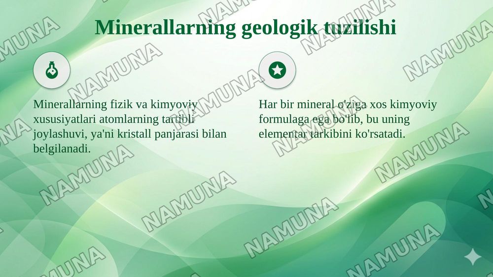 Tog‘ jinslari tarkibidagi minerallar, ularning geologik tuzilishi, kelib chiqish sharoitlari va qo‘llanilishi. — taqdimot, 5-slayd
