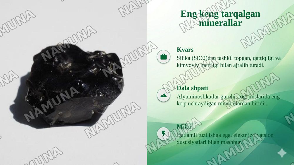 Tog‘ jinslari tarkibidagi minerallar, ularning geologik tuzilishi, kelib chiqish sharoitlari va qo‘llanilishi. — taqdimot, 7-slayd