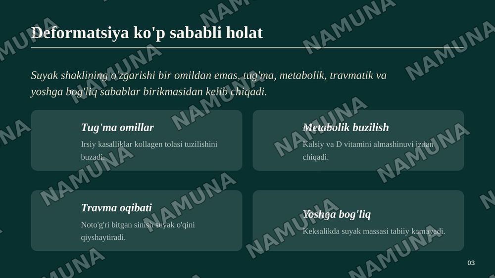 Suyak deformatsiyasi kelib chiqish sababi va kerakli dori vositalar kimyoviy tarkibi — zamonaviy taqdimot, 4-slayd