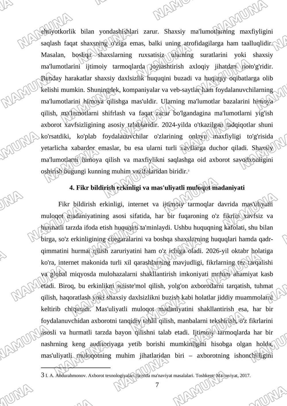 Internet va ijtimoiy tarmoqlar uchun axborot etikasi qoidalari — mustaqil ish, 7-varaq