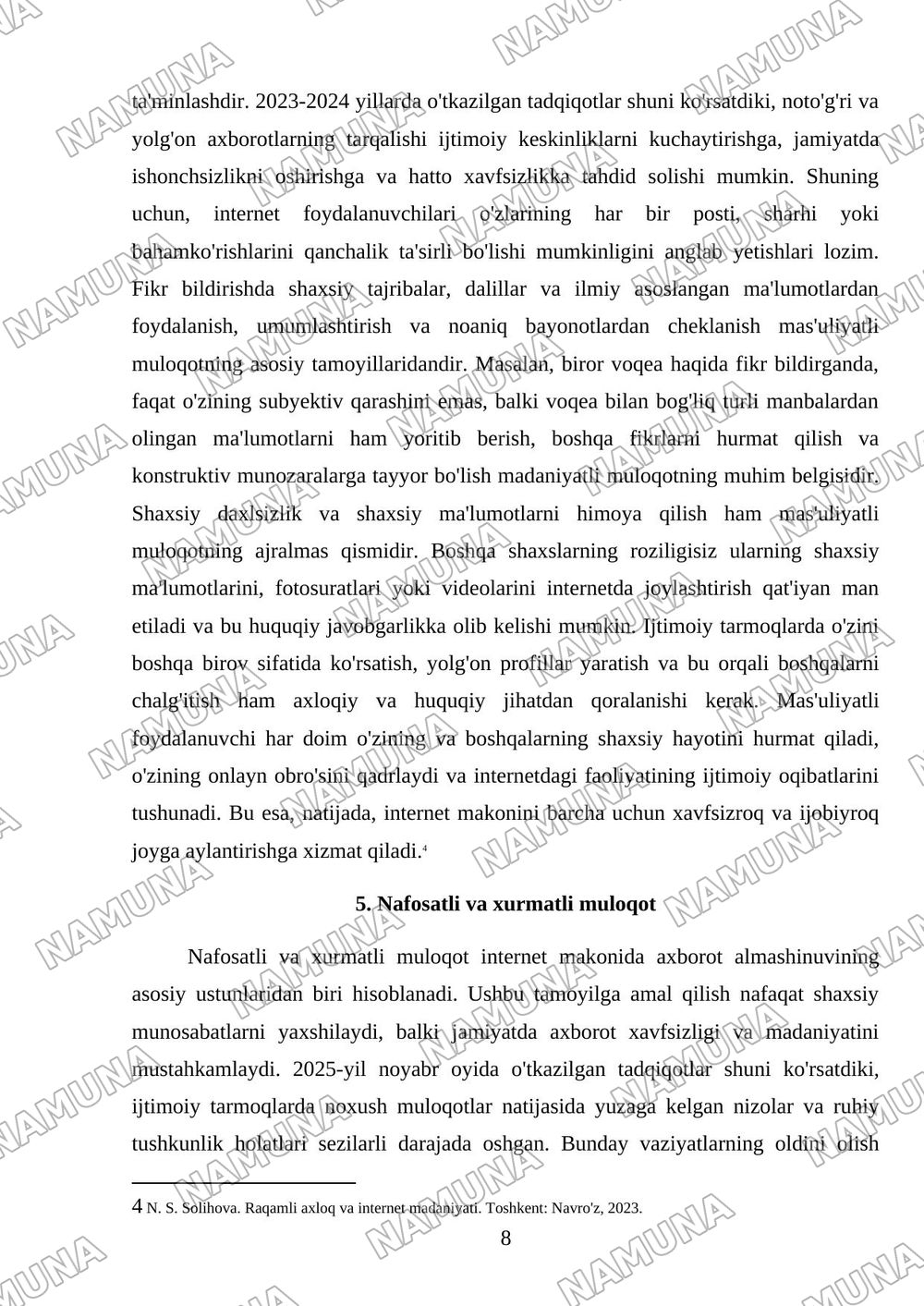 Internet va ijtimoiy tarmoqlar uchun axborot etikasi qoidalari — mustaqil ish, 8-varaq