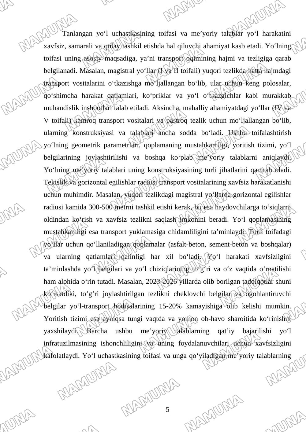 . Tanlangan yoʻl uchastkasining funksiyasi, toifasi va asosiy elementlari boʻyicha 12 fotohisobot. — mustaqil ish, 5-varaq