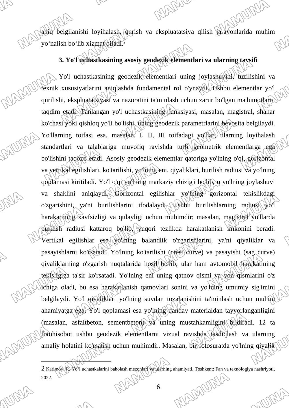 . Tanlangan yoʻl uchastkasining funksiyasi, toifasi va asosiy elementlari boʻyicha 12 fotohisobot. — mustaqil ish, 6-varaq