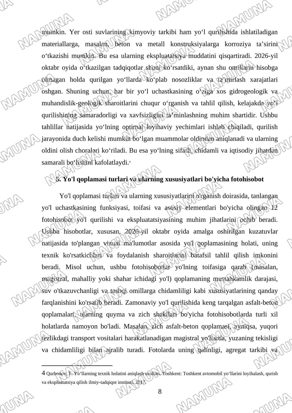 . Tanlangan yoʻl uchastkasining funksiyasi, toifasi va asosiy elementlari boʻyicha 12 fotohisobot. — mustaqil ish, 8-varaq