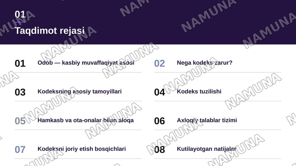 O‘qituvchining kasbiy xulq-atvoriga qo‘yiladigan axloqiy talablar asosida pedagogik odob kodeksi loyihasini tuzish. — zamonaviy taqdimot, 2-slayd
