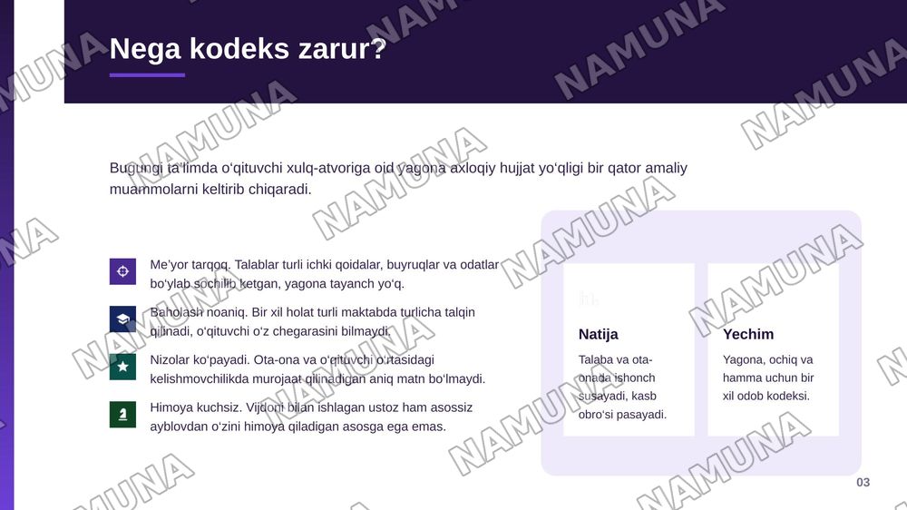 O‘qituvchining kasbiy xulq-atvoriga qo‘yiladigan axloqiy talablar asosida pedagogik odob kodeksi loyihasini tuzish. — zamonaviy taqdimot, 4-slayd