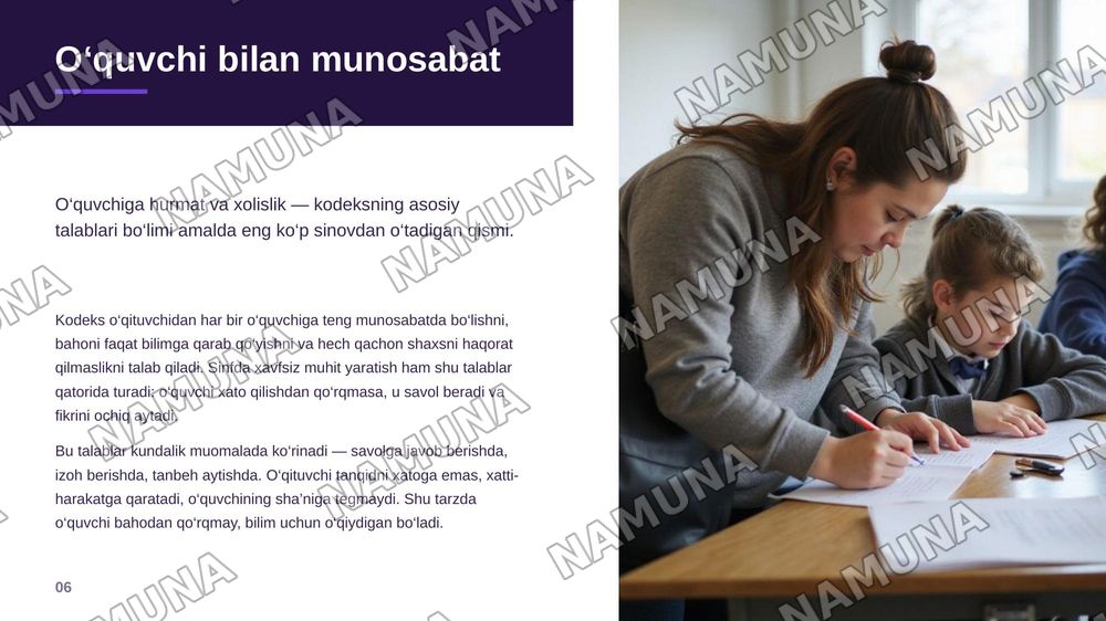 O‘qituvchining kasbiy xulq-atvoriga qo‘yiladigan axloqiy talablar asosida pedagogik odob kodeksi loyihasini tuzish. — zamonaviy taqdimot, 7-slayd