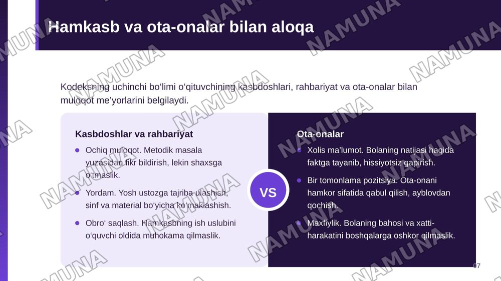O‘qituvchining kasbiy xulq-atvoriga qo‘yiladigan axloqiy talablar asosida pedagogik odob kodeksi loyihasini tuzish. — zamonaviy taqdimot, 8-slayd