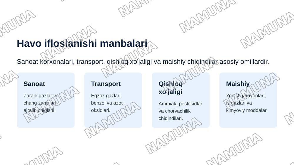 Atrof muhit ifloslanishini nazorat qilish usullari( havo, suv, tuproq) — zamonaviy taqdimot, 4-slayd