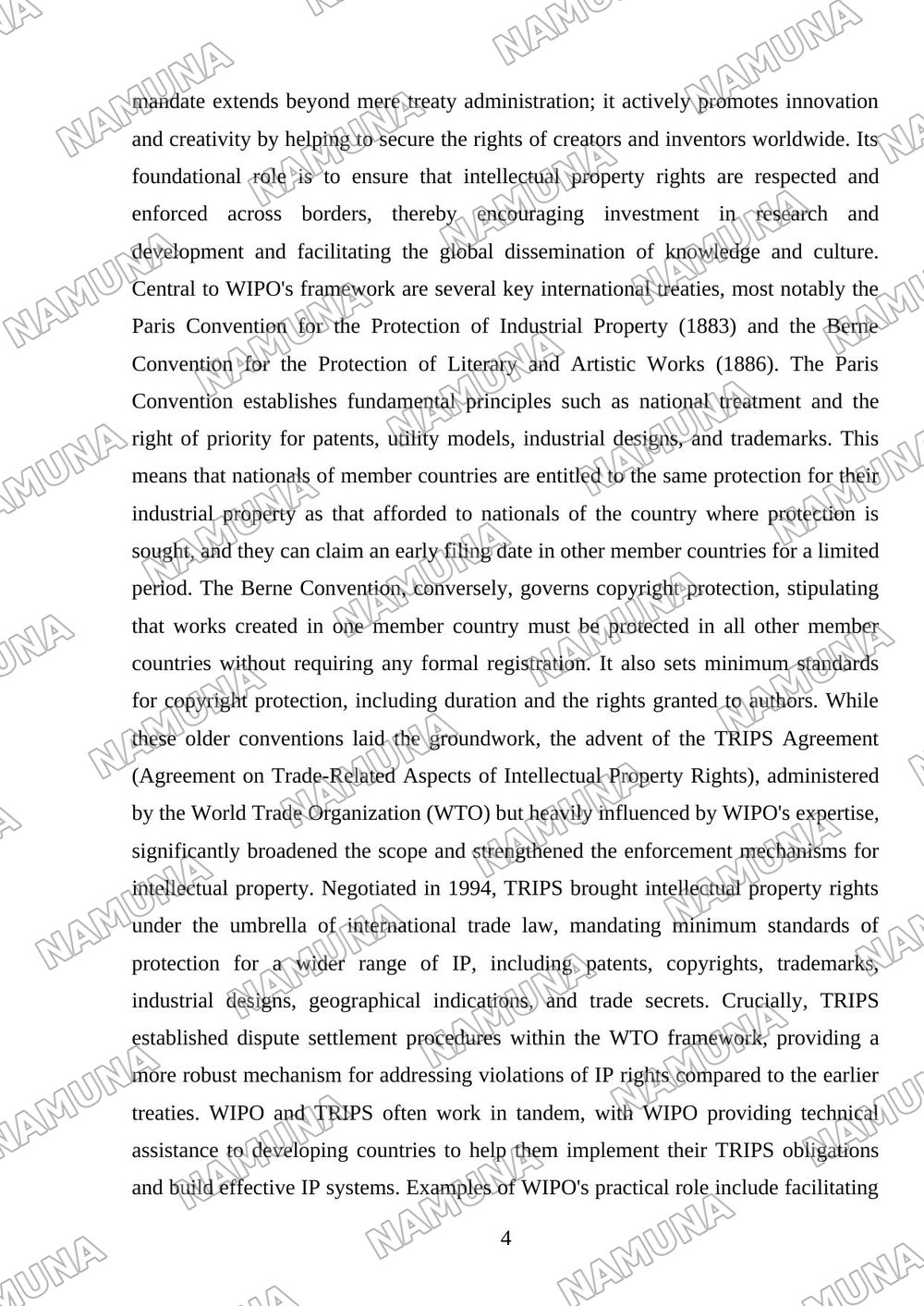 International protection of intellectual property (WIPO, TRIPS Agreement, Paris and Berne Conventions) — mustaqil ish, 4-varaq