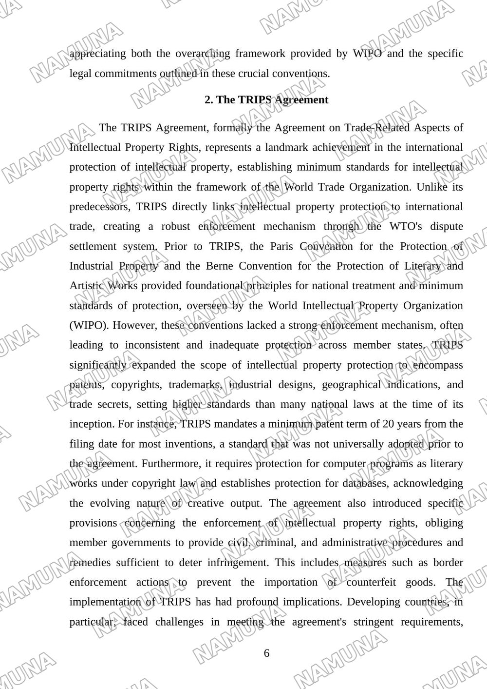 International protection of intellectual property (WIPO, TRIPS Agreement, Paris and Berne Conventions) — mustaqil ish, 6-varaq