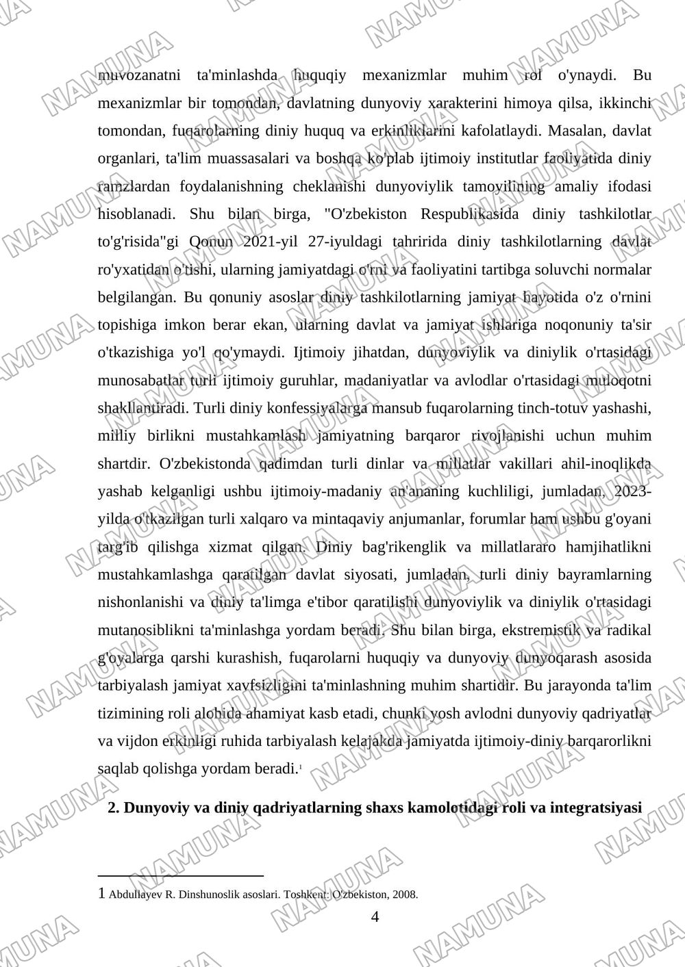 Dunyoviylik va diniylik mutanosibligi — mustaqil ish, 4-varaq