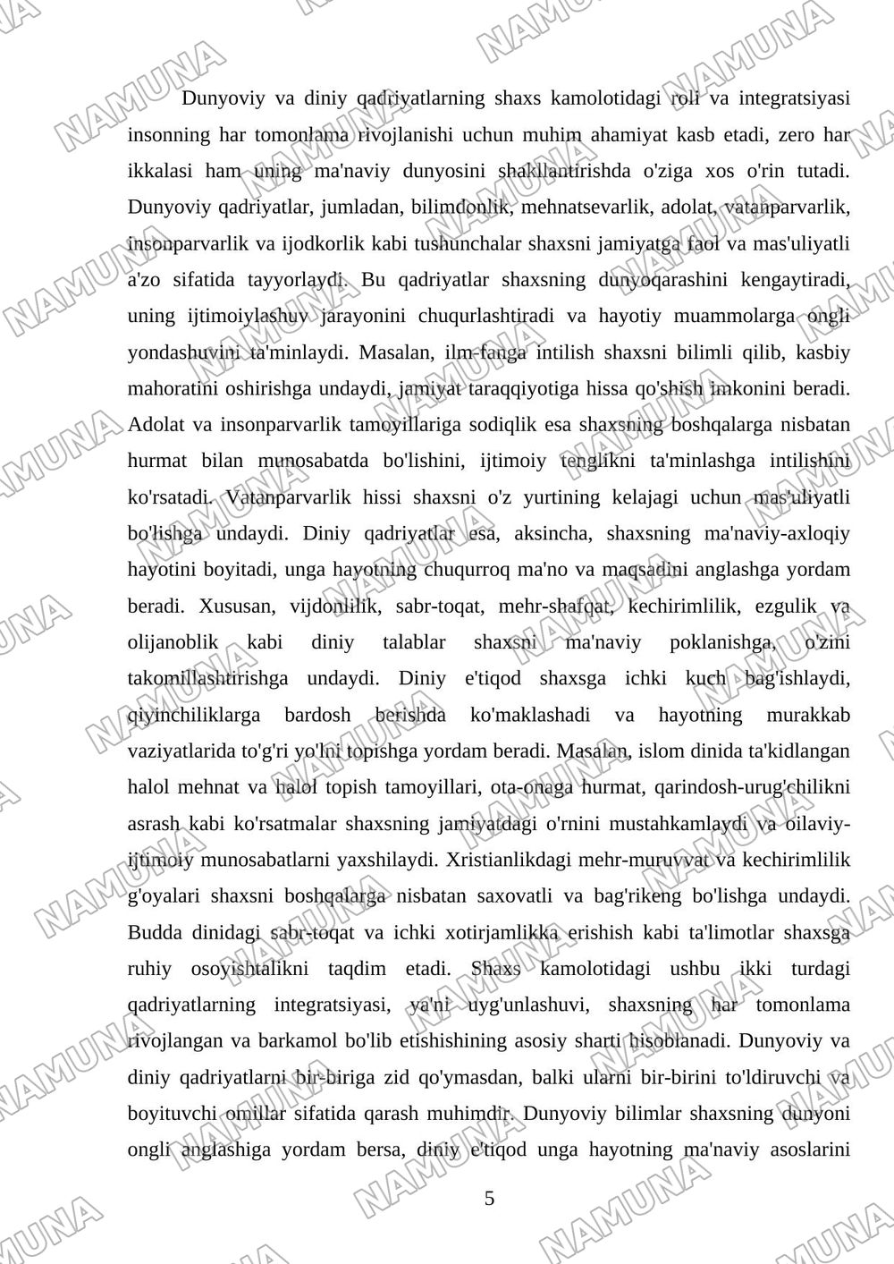 Dunyoviylik va diniylik mutanosibligi — mustaqil ish, 5-varaq